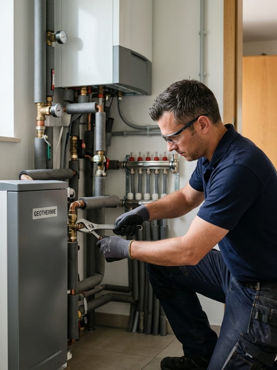Un technicien expliquant le fonctionnement d'une pompe à chaleur géothermique à un particulier