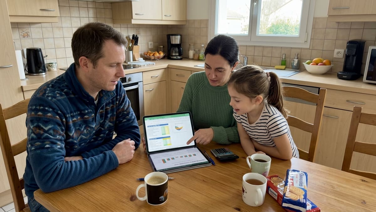 Famille consultante un tableau récapitulatif des aides état chauffage géothermique
