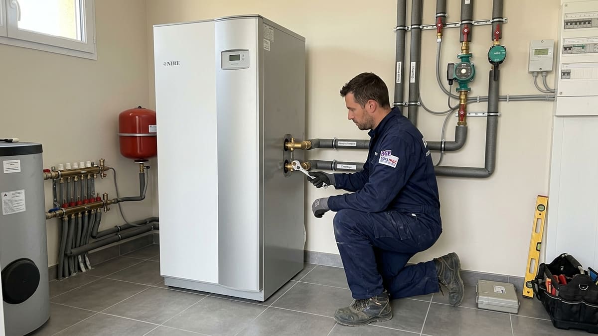 Installation de pompe à chaleur géothermique, ouvrier RGE vérifiant les équipements
