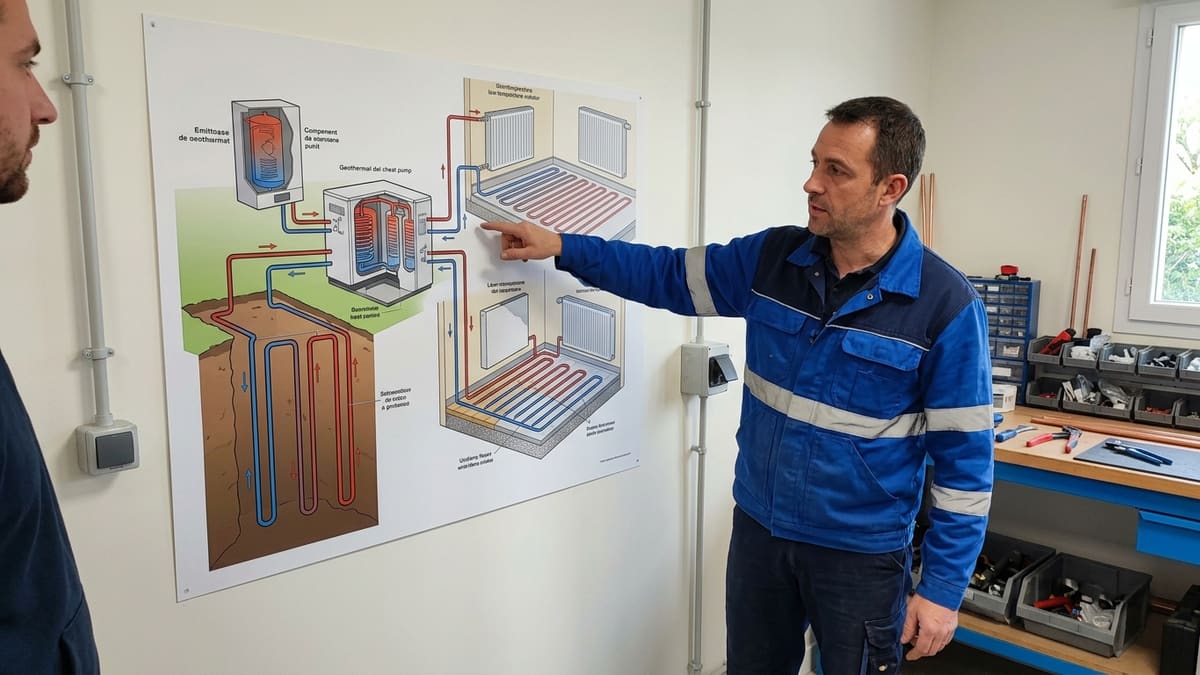 Schéma détaillé des composants d'une installation de chauffage géothermique